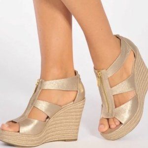 MICHAEL KORS Size 8 GOLD Canvas DAMITA SANDALS Espadrille Wedge Women’s